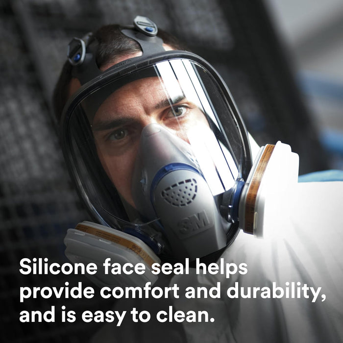Person wearing a 3M FF-403 respirator with a silicone face seal, text about comfort and durability.