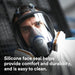 Person wearing a 3M FF-403 respirator with a silicone face seal, text about comfort and durability.