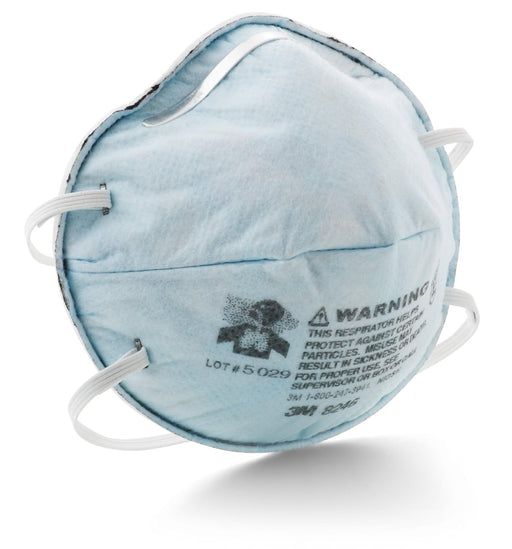 Blue 3M 8246 R95 particulate respirator mask with warning label on a white background