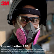 Person wearing a 3M 6100 respirator mask and safety goggles with 3M branding.