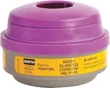 Purple North 7583P100L respirator cartridge filter with yellow label on a black background
