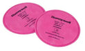 Two pink North 75FFP100 P100 Respirator Filter on a white background