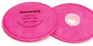 Two pink North 75FFP100 P100 Respirator Filter on a white background