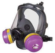 A North 54001 full face welding respirator mask with a black and gray color scheme, featuring a panoramic lens and dual cartridge system.